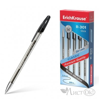 Ручка гелевая 0.5 мм черная R-301 Classic Gel Stick, прозрачный круглый корпус с грип-зоной 53347 ERICH KRAUSE 