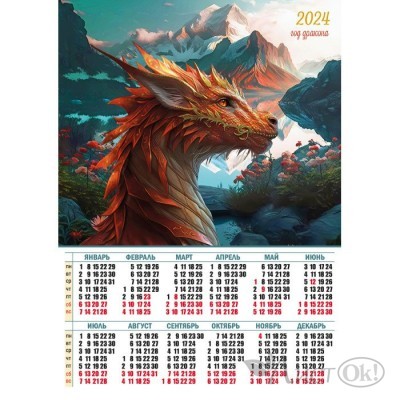 Календарь плакат А2 2024 Символ года. Дракон 8077 Квадра 