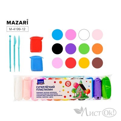 Пластилин Легкий, 12 цв. по 13 г, пластиковые стеки 3 шт, цена за набор M-4199-12 MAZARI 