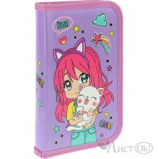 Пенал 1-секционный большой АНИМЕ-ДЕВОЧКА С КОТИКОМ 190х115, ламинированный картон Profit ПН-1921 Проф-Пресс 