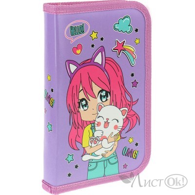 Пенал 1-секционный большой АНИМЕ-ДЕВОЧКА С КОТИКОМ 190х115, ламинированный картон Profit ПН-1921 Проф-Пресс 