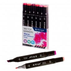 Набор Скетч-маркеров 6 цв. двухсторон, розовые, пулевидный/клиновидный 1-6 мм, спиртовая основа, ПВХ упаковка AL7486 Alingar 