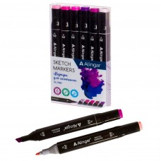 Набор Скетч-маркеров 6 цв. двухсторон, фиолетовые, пулевидный/клиновидный 1-6 мм, спиртовая основа, ПВХ упаковка AL7481 Alingar 