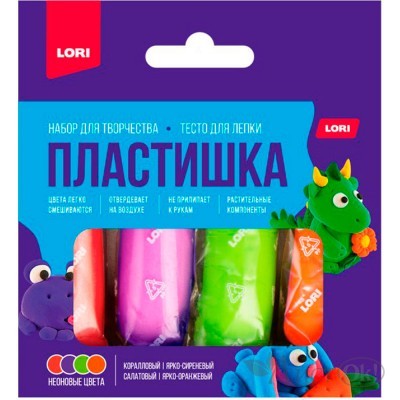 Тесто для лепки Пластишка. неоновое 4 цв по 30 гр (коробка с вырубным окном) Тдл-047 LORI 