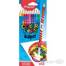 Карандаши цветные 12 цв. COLOR'PEPS OOPS с ластиком. пластиковые. в картонной коробке с подвесом 832812 Maped 