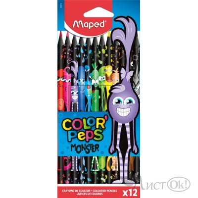 Карандаши цветные 12 цв. COLOR'PEPS BLACK MONSTER декорированные, трехгранный корпус из чёрного пластика, карт/уп с подвесом 862612 Maped 