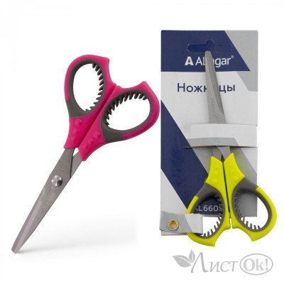 Ножницы детские 14 см., ассорти, пластиковые ручки, прорезиненная вставка, закругленные концы, европодвес AL6608 Alingar 