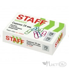 Скрепки канцелярские 28мм, 70 шт., цветные, Manager, в картонной коробке, 224630 STAFF 
