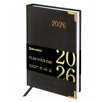 Ежедневник датир. А5, 138x213мм 2026г. Senator, под кожу, черный, 117094 Brauberg 