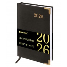 Ежедневник датир. А5, 138x213мм 2026г. Senator, под кожу, черный, 117094 Brauberg 