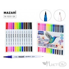 Набор маркеров акварельных 12 цветов, двусторонние, AQUARELLE, наконечники: кисть и файнлайнер, ПВХ уп. M-15213-12A MAZARI 