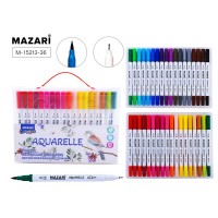 Набор маркеров акварельных 36 цветов, двусторонние, AQUARELLE,  наконечники: кисть и файнлайнер, ПВХ уп. M-15213-36 MAZARI 