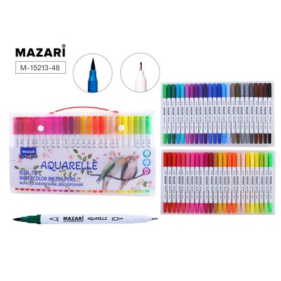 Набор маркеров акварельных 48 цветов, двусторонние, AQUARELLE, наконечники: кисть и файнлайнер, ПВХ уп. M-15213-48 MAZARI 