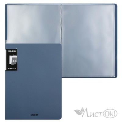Папка 60 файлов 600 мкм 35мм торц + внутр карман, А4, пластик, серо-синий, Nude, 241447 KLERK 