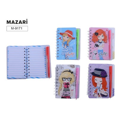 Блокнот А6 60л  на евроспирали (14,2х8,5 см) линия, + ручка шариковая син. 4 дизайна, ОПП-уп. M-9171* Mazari 