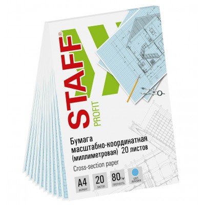 Бумага миллим. А4 20 листов, голубая, планшет  80г/м2, 113490 STAFF 