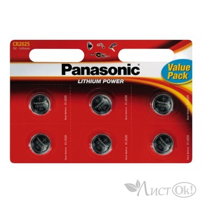 Батарейка CR2025 Panasonic Power Cells 6хBL, 3V (цена за 1шт) Original 000343 